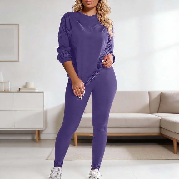 Womens Sweatsuits Crewneck Long Sleeve Solid Color Sweatshirt Sweatpants 2 Piece Outfits Athletic Casual Tracksuits for Women Set PP2 L