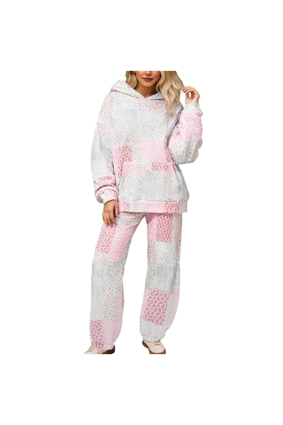 Womens Sweatsuits Long Sleeve Floral Print Hooded Sweatshirts and Pants 2 PCS Oversized Matching Set Fall Winter Casual Tracksuit