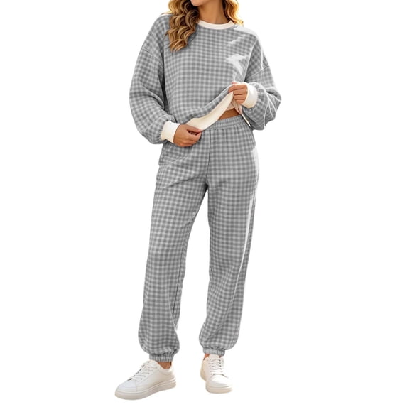 Womens Sweatsuits Plaid Printed Crewneck Sweatshirt Sports Jogger Pants Sets Loose Fit Casual Fall Outfits (L, Gray)