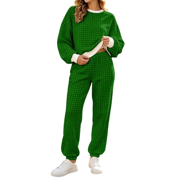 Womens Sweatsuits Plaid Printed Crewneck Sweatshirt Sports Jogger Pants Sets Loose Fit Casual Fall Outfits (M, Green)
