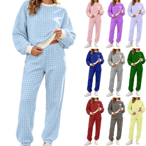 Womens Sweatsuits Plaid Printed Crewneck Sweatshirt Sports Jogger Pants Sets Loose Fit Casual Fall Outfits (XL, Light Blue)