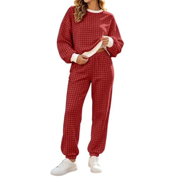 Womens Sweatsuits Plaid Printed Crewneck Sweatshirt Sports Jogger Pants Sets Loose Fit Casual Fall Outfits (XL, Red)