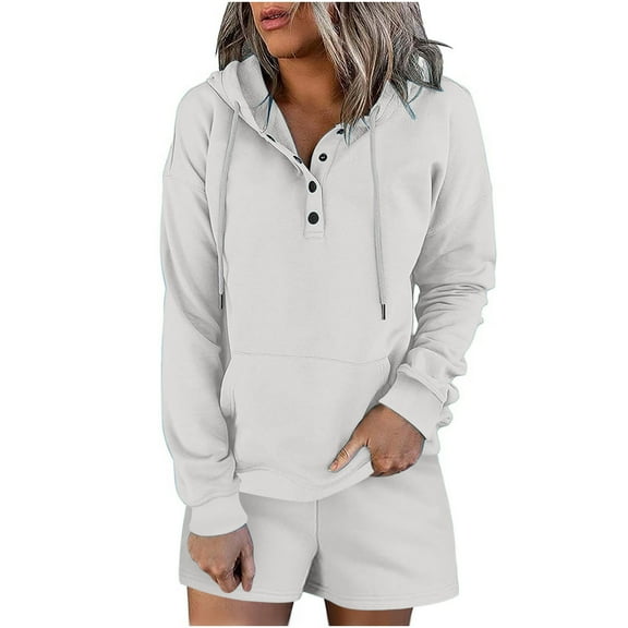Womens Sweatsuits Set 2 Piece Outfits for Women Fashion Drawstring Button Hoodies Sweatshirt Shorts Lounge Sets Casual Solid Sports Hooded Tracksuit Sets with Pocket