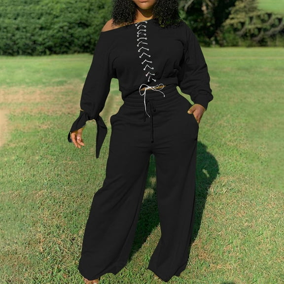 Womens Sweatsuits Set Holiday Usmixi Lounge Sets for Women Long Sleeve Off Shoulder Pullover and Drawstring Elastic Waist Pant 2 Pieces Outfit Casual Solid Pocket Tracksuit Sets Up to 65% off