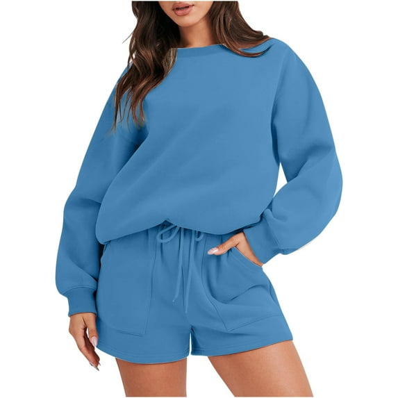 clear 50% off Usmixi Womens Sweatsuits Set Tracksuit Sets for Women Long Sleeve Crewneck Sweatshirt Drawstring Pocket Shorts Sets Casual Two Piece Outfits Plus Size Solid Lounge Sets