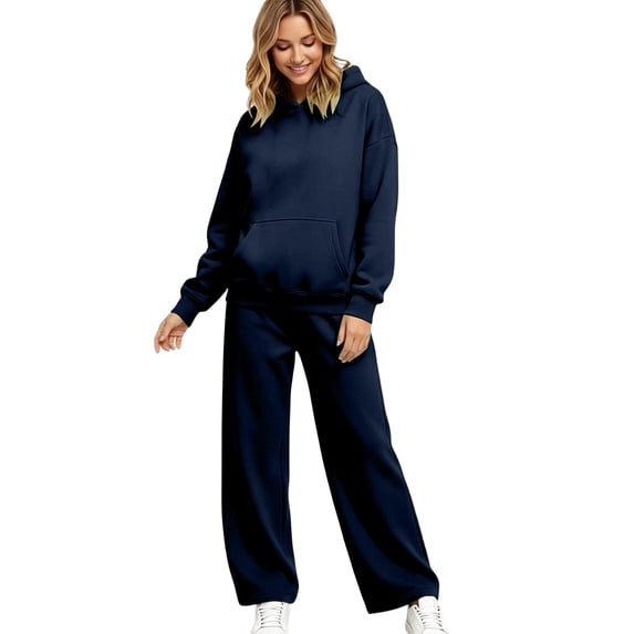 Womens Sweatsuits Sets Long Sleeve Lounge Hoodies Jogger Sweatpants Solid Color Loose Outfits Dressy Fall Winter Tracksuit with Pockets 2026 Navy S