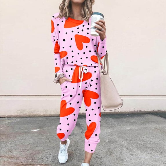 Womens Sweatsuits Valentines Day Love Heart Print 2 Piece Outfits Cute Long Sleeve Pullover and Jogger Pants Sets,Lounge Sets Two Piece Women Sweat Suits 2024 Clearance Sale