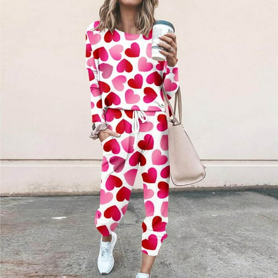 Womens Sweatsuits Valentines Day Love Heart Print 2 Piece Outfits Cute Long Sleeve Pullover and Jogger Pants Sets,Lounge Sets Two Piece Women Sweat Suits 2024 Clearance Sale