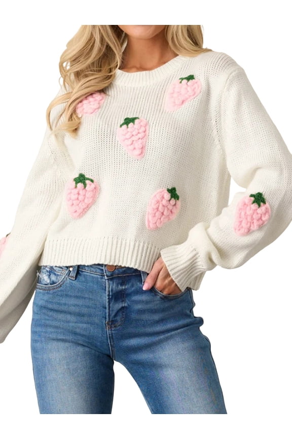 Womens Sweet 3D Strawberry Pattern Knitted Sweater Casual Loose Long Sleeve Pullover Sweater Tops Cream White S