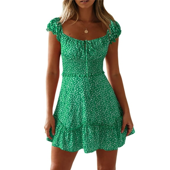 Womens Sweetheart Collar Printed Ruffle Summer Mini Dress