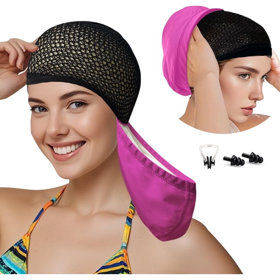 Womens Swim Cap for Long Hair PU Fabric Hairnet Swimming Caps for Women Men Adults Youths with Ear Plug and Nose Clip, Swim Hats Pool Caps to Protect Hair no Pulling