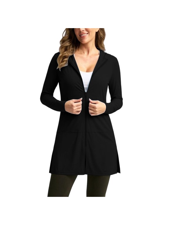 Womens Swim Cover Up Long Sun Jacket UPF 50+ Sun Protection Long Sleeve Zip Up Hoodie Lightweight Beach Cover Ups Black S