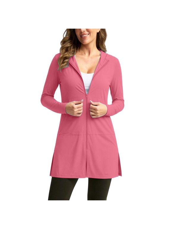 Womens Swim Cover Up Long Sun Jacket UPF 50+ Sun Protection Long Sleeve Zip Up Hoodie Lightweight Beach Cover Ups Hot Pink S