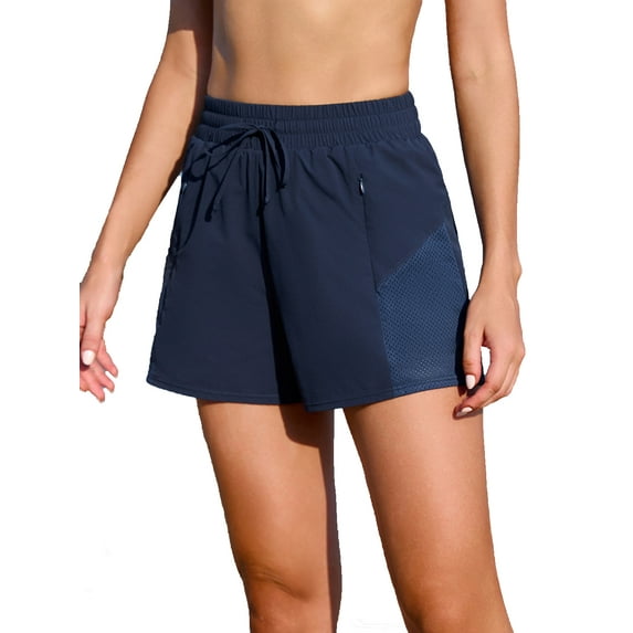 Womens Swim Shorts High Waisted Drawstrings 2-In-1 Swimming Bottoms with Zipper Pockets
