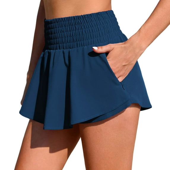 Womens Swim Shorts High Waisted Pleated Drawstring Sports Bottoms with Two Side Pockets