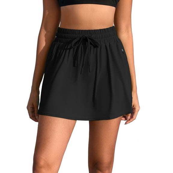 Womens Swim Skirts 2-In-1 High Waisted Drawstrings Bathing Shorts with Two Zipper Pockets