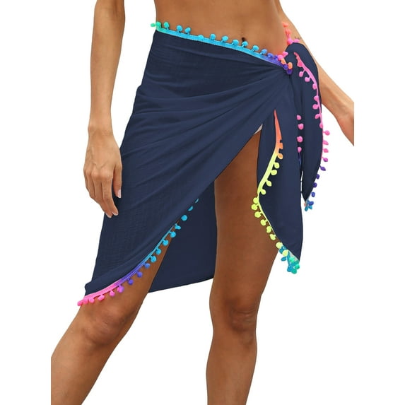Womens Swim Wear Bikini Cover Up Sheer Beach Mini Wrap Skirt with Colorful Pompom Tassel Shorts Sarong Pareo for Summer Holiday