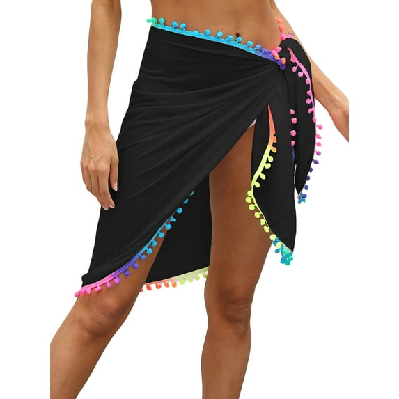 Womens Swim Wear Bikini Cover Up Sheer Beach Mini Wrap Skirt with Colorful Pompom Tassel Shorts Sarong Pareo for Summer Holiday