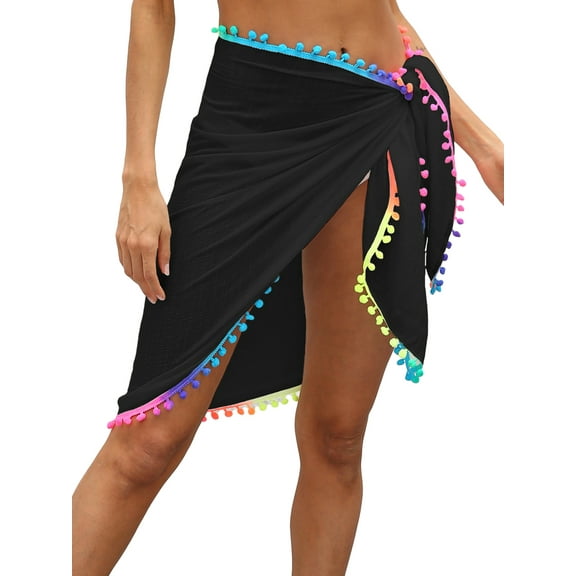 Womens Swim Wear Bikini Cover Up Sheer Beach Mini Wrap Skirt with Colorful Pompom Tassel Shorts Sarong Pareo for Summer Holiday