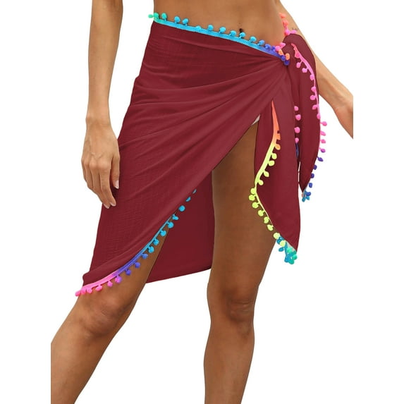Womens Swim Wear Bikini Cover Up Sheer Beach Mini Wrap Skirt with Colorful Pompom Tassel Shorts Sarong Pareo for Summer Holiday