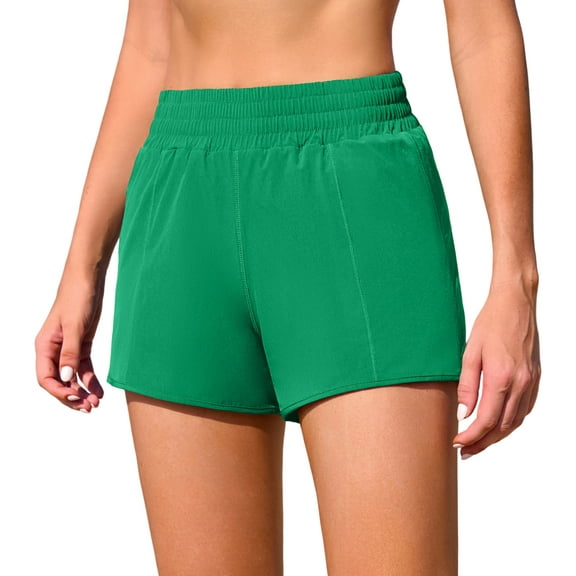 Womens Swimming Shorts High Waisted Built-In Briefs Bathing Suit Bottoms with Two Zipped Pockets