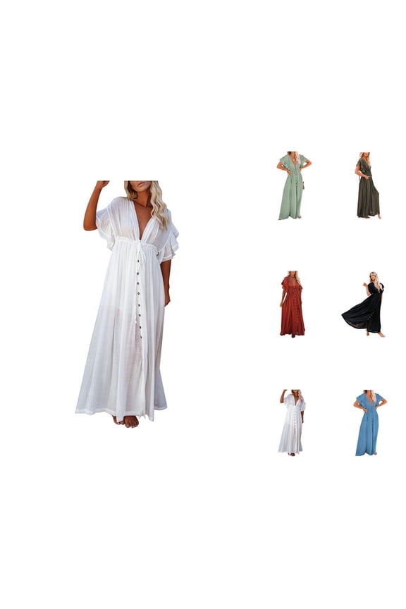 Womens Swimsuit Cover Up Bathing Suit Cover Ups for Women Swimwears Cover Ups Women's Button Button Waist Rope Long Dress Cardigan Beach Jacket Sunscreen Jacket Long Skirt Bikini Cover Up