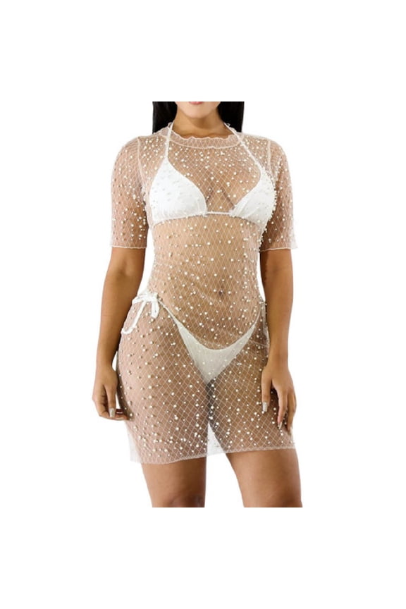 Womens Swimsuit Cover Up Resort Swim Cover Up Women's Rhinestone Mesh Dress Rhinestone Black Long Dress See Through Fishnet Smock Swimsuit Carnival Bikini Black