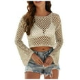 thumbnail image 1 of Womens Swimsuit Cover Up Crochet Hollow Out Long Sleeve Sheer Crewneck Crop Tops Lightweight Quick Dry Casual Swimwear, 1 of 5