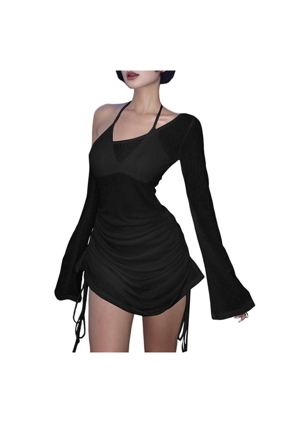 Womens Swimsuit Cover Up Dress Off Shoulder Hollow Coverup Bathing Suit Mesh Swim Beach Dress Black S