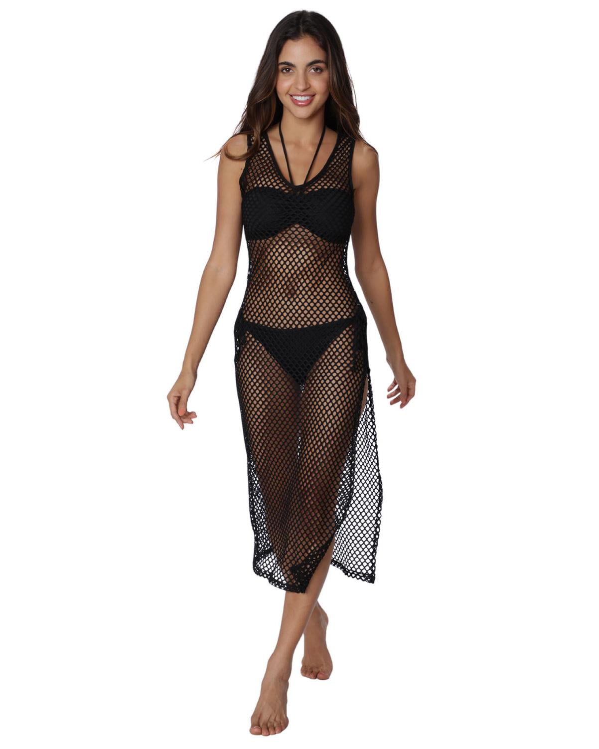 Womens Swimsuit Cover Up Fishnet Mesh Tank Dress with Hi Slit on the Sides Dress with Hi Slit Black Size L Vacay Land