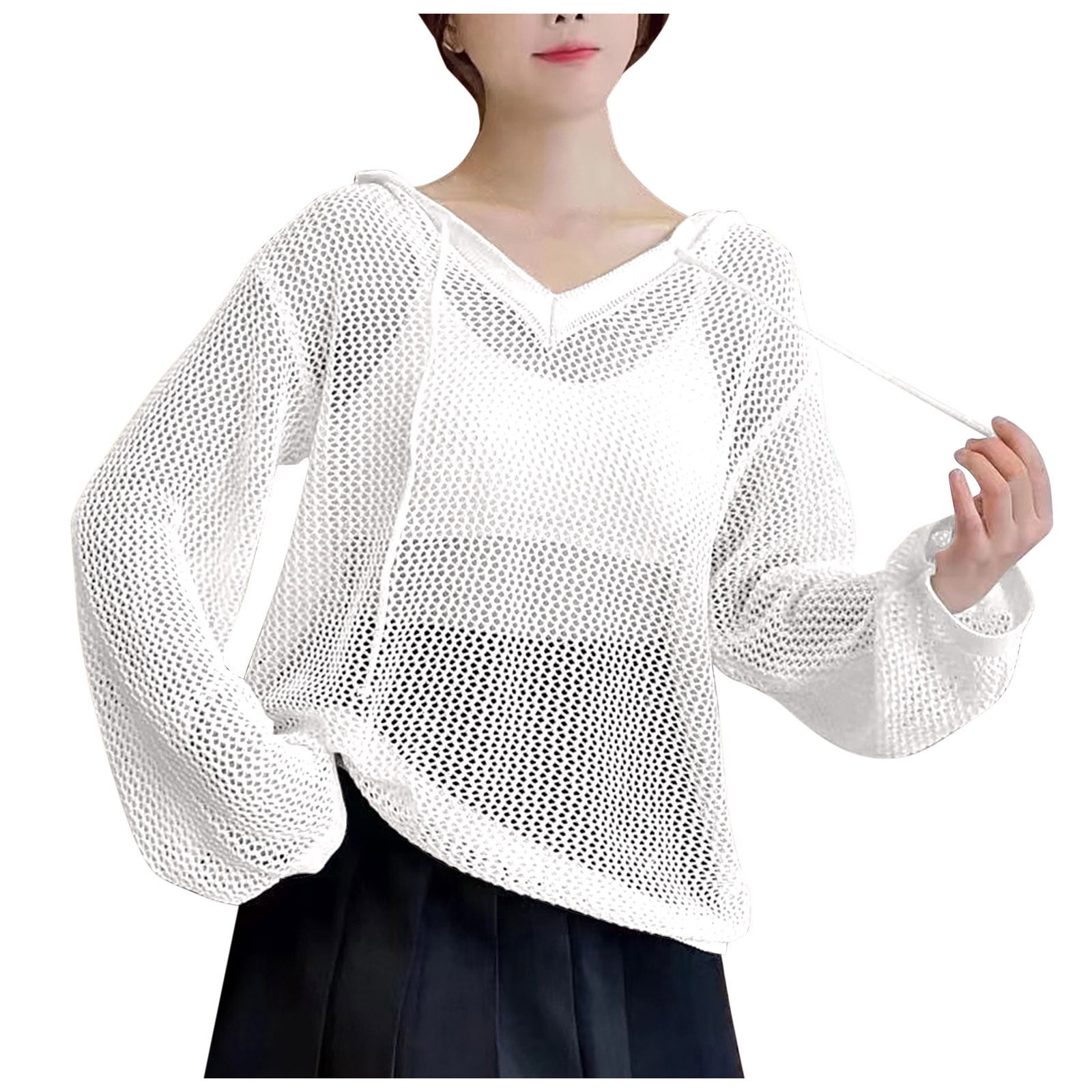 White Mesh Knitted Long Sleeve Hollow Sun-proof Round Neck Cover Up