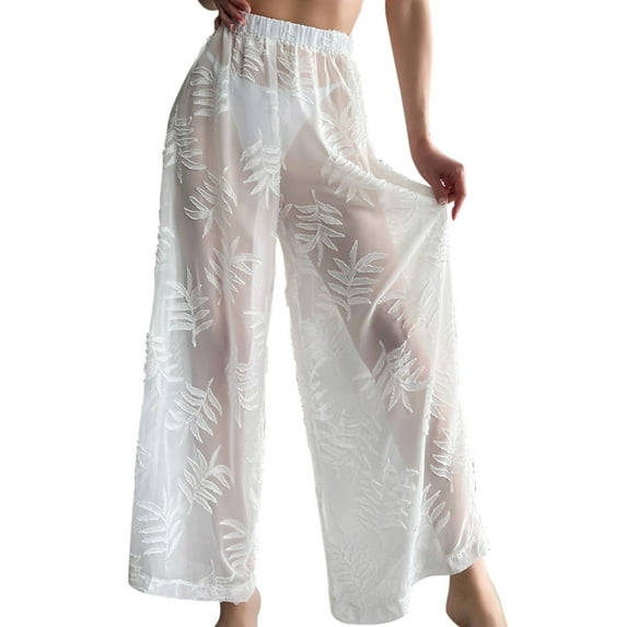 Womens Swimsuit Cover Up Jacquard Sunscreen Beach Pants Chiffon High Waist Wide Leg Pants Bikini Loose Casual Pants White Swimsuit Cover Up