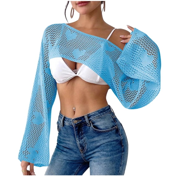 Womens Swimsuit Cover Up Knit Crochet Long Sleeve Swim Top Coverup Off Shoulder Coverups for Bathing Suits