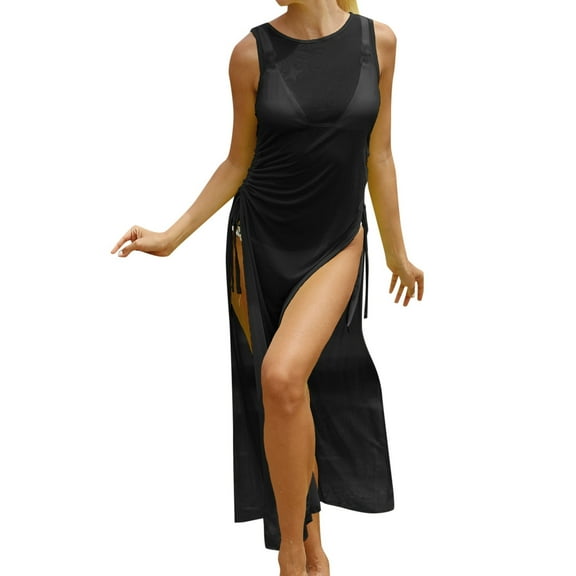 Womens Swimsuit Cover Up Sheer Beach Cover Up Dress With Drawstring Waist Lace Mesh Sarong For Vacation Black Womens Swimsuits