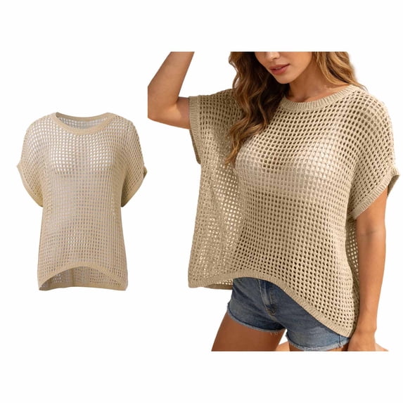 Womens Swimsuit Cover Up Short Sleeve Crochet Swimsuit Cover Up Mesh Knit Loose Top Womens Summer Outfits Cute Beach Cover Ups