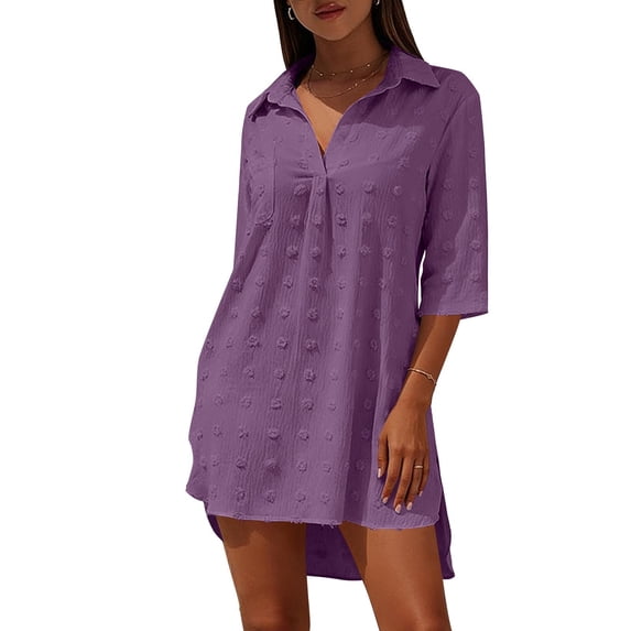 Womens Swimsuit Cover Up Turn Down Collared Short Sleeve Bathing Suit Coverup Summer Loose Fit Beach Cover Ups