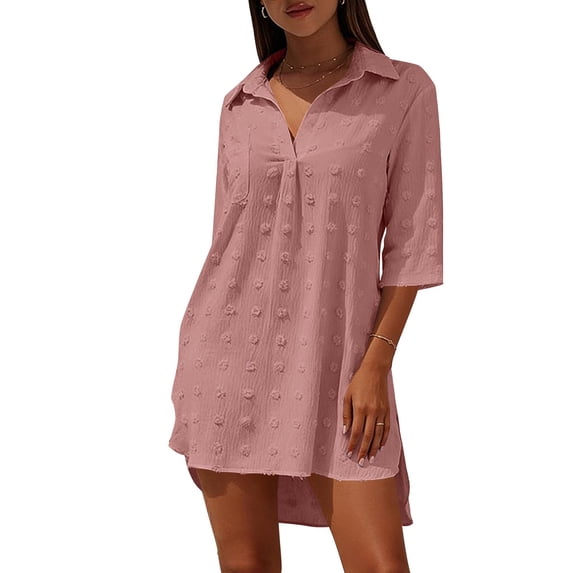 Womens Swimsuit Cover Up Turn Down Collared Short Sleeve Bathing Suit Coverup Summer Loose Fit Beach Cover Ups
