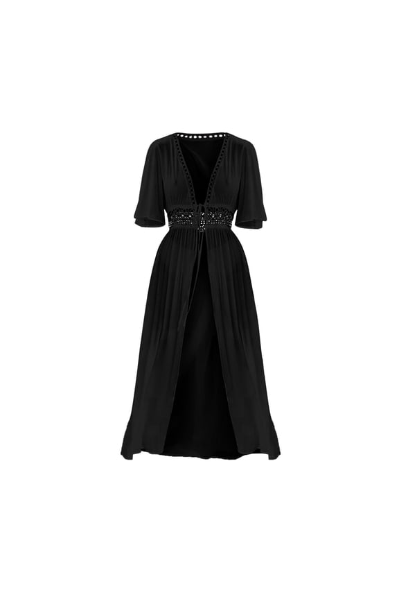 Womens Swimsuit Cover-Ups Sexy V Neck Chiffon Beach Bathing Suit Cover Up Tie Waist Guipure Lace Insert Kimono Swim Bikini Coverup For Seaside Beach Pool Casual Swimwear Cover-Ups