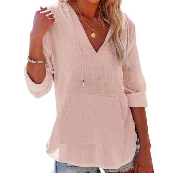 Womens Swimsuit Cover up Shirts V Neck Long Sleeve Casual Solid Color Pullover Hooded Swimwear Bathing Suit