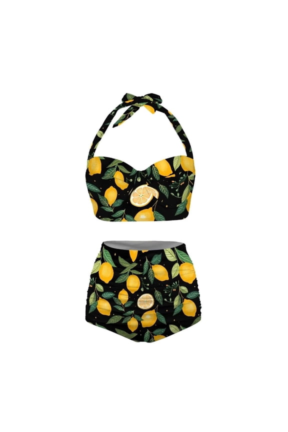 Womens Swimsuit Lemon Print Halter Neck Sleeveless High Rise Lace Up Quick Dry Tankini 2 Piece Set for Beach Womens Bathing Suits Yellow L
