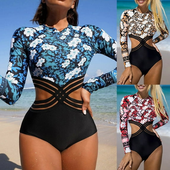 Womens Swimsuits 1 Piece Floral Tummy Control Long Sleeve Sun Protection Swimwear Padded Bikini Swimwear Red Athletic Bathing Suit M