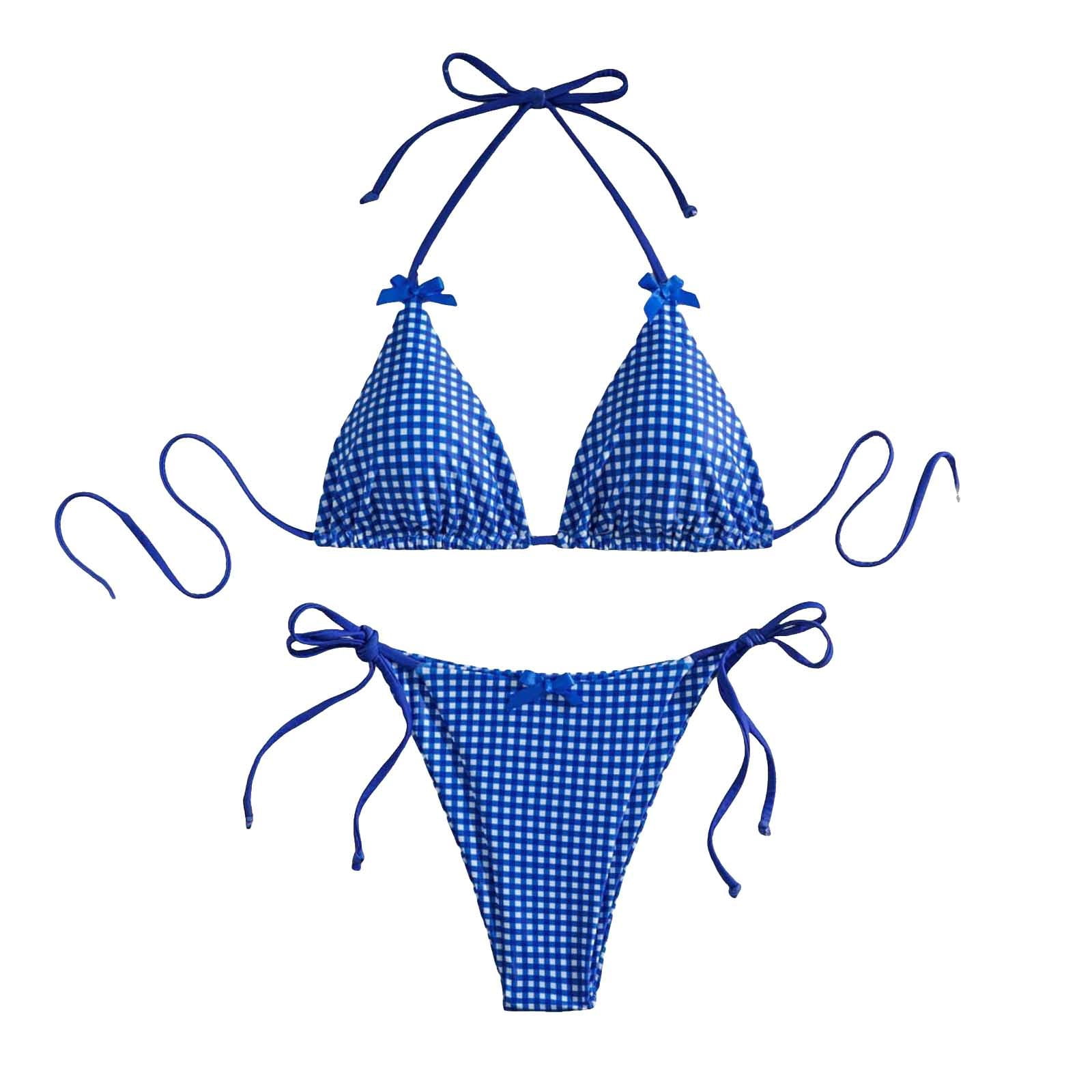 Womens Swimsuits 2 Piece Gingham Bikini Set Triangle Bow Front High ...