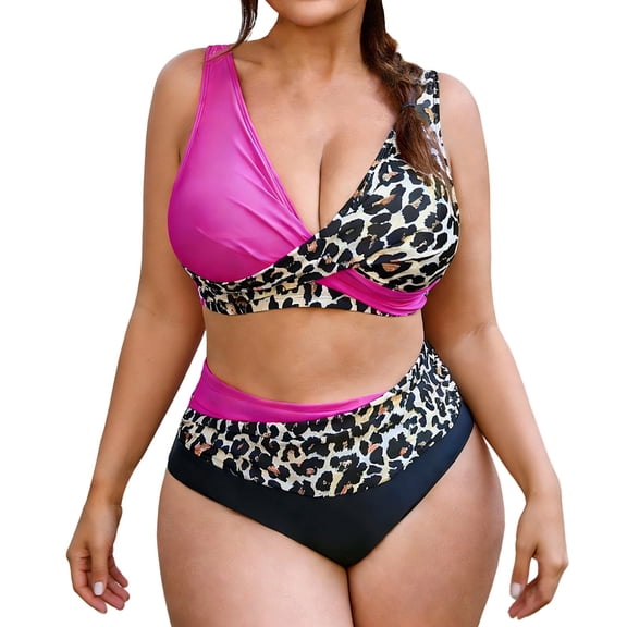 Womens Swimsuits 2 Piece Plus Size Leopard Print Tankini Swimsuit Top with Back Tie And High Waist Bottom