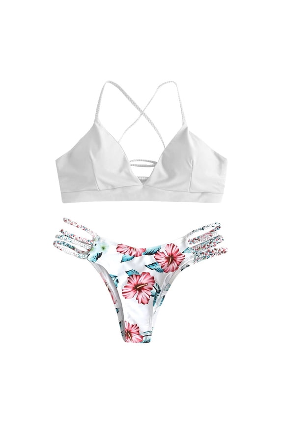 Womens Swimsuits 2PC Halter Bikini Set High Cut Thong String Bathing Suit,White,S