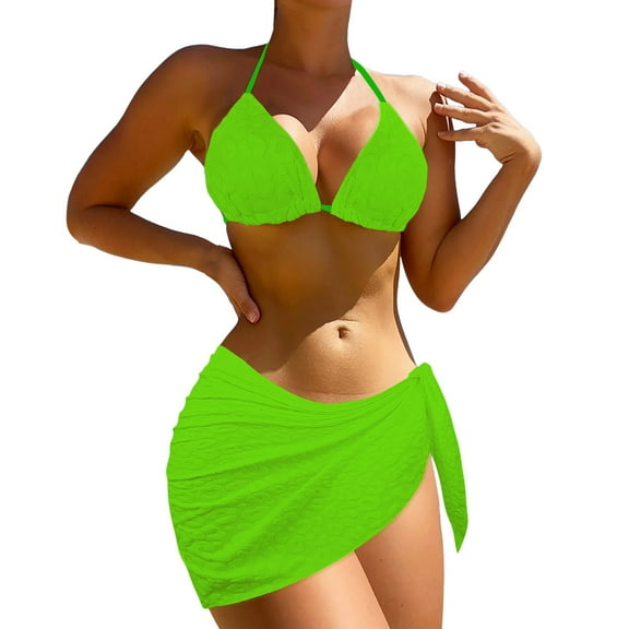 Womens Swimsuits 3 Piece Metallic Halter Triangle String Bikini Set with Skirt Green Womens Bathing Suits L