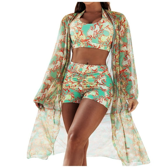 Womens Swimsuits 3 Piece Swimsuit Long Sleeve Beach Cover Up Boho Swimsuit Set Navy L