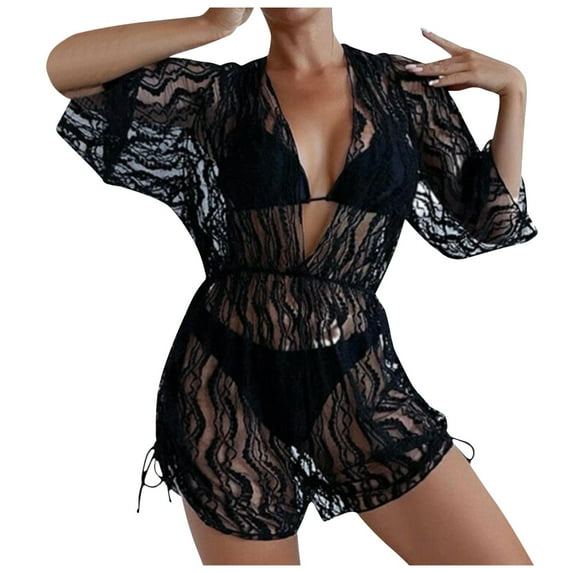 Womens Swimsuits Bikini Cute Sport Push Up with Mesh Cover Up Drawstring 3 Piece Black Bathing Suit for Women XL