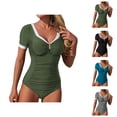 thumbnail image 1 of Womens Swimsuits Color Block Long Sleeve Bathing Suit Full Coverage Rash Guard Sun Protection Performance Swimwear for Beach and Pool, 1 of 6