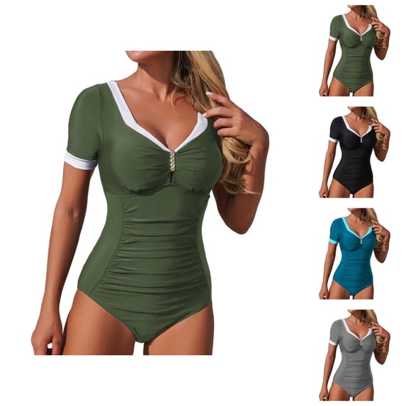 Womens Swimsuits Color Block Long Sleeve Bathing Suit Full Coverage Rash Guard Sun Protection Performance Swimwear for Beach and Pool