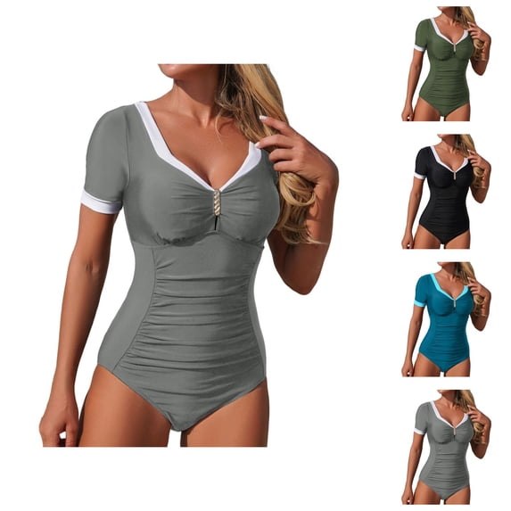 Womens Swimsuits Color Block Long Sleeve Bathing Suit Full Coverage Rash Guard Sun Protection Performance Swimwear for Beach and Pool